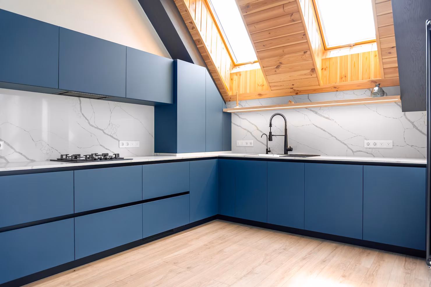 blue minimal kitchen attic skylights bright marble 169016 68874